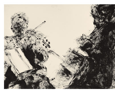 Image of the work by Arikha "Trio i: Alexander Schneider and Leslie Parnass, château de Reux"