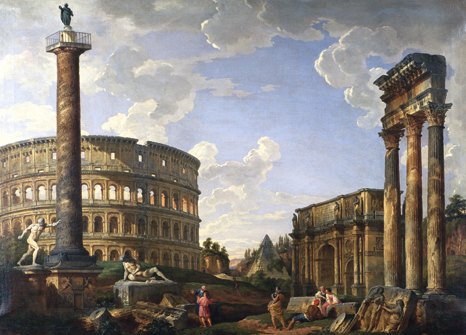 Capricho con la columna de Trajano, Coliseo, Gálata moribundo, arco de Constantino, pirámide de Cayo Cestio y templo de Cástor y Pólux