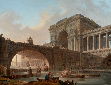 Capricho con la columna de Trajano, Coliseo, Gálata moribundo, arco de Constantino, pirámide de Cayo Cestio y templo de Cástor y Pólux