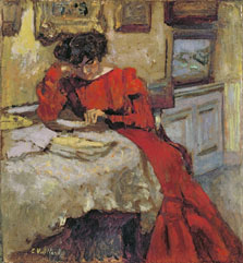 Madame Hessel con vestido rojo leyendo