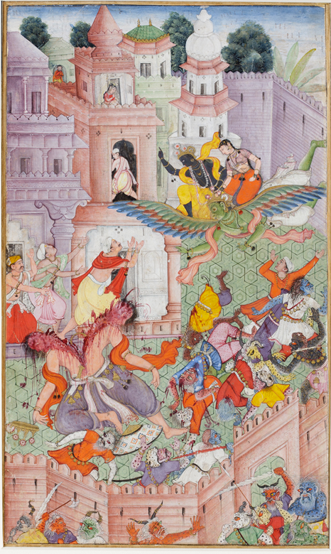 Krishna Cleaves the Demon Narakasura with his Discus.